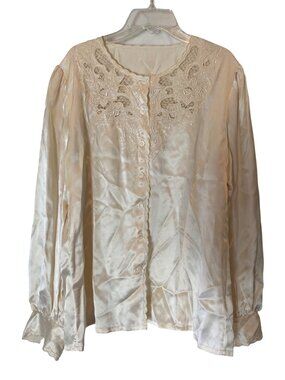 Vintage Ivory Satin Blouse With Lace Embroidery & Button Front - Womens Size M